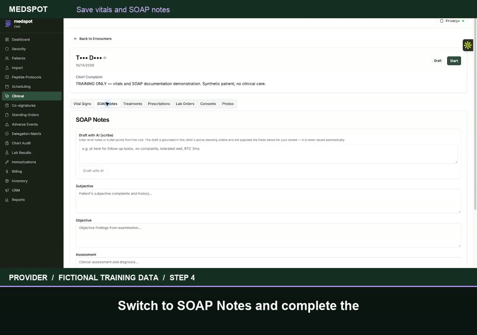 Recorded Save vitals and SOAP notes workflow