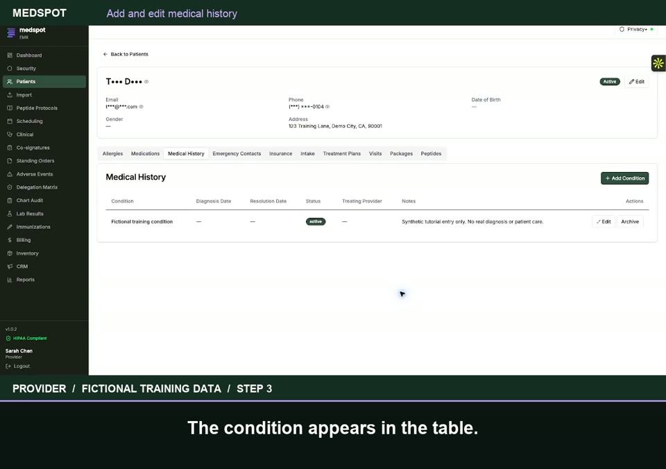 Recorded Add and edit medical history workflow