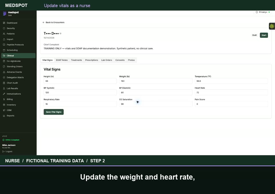 Recorded Update vitals as a nurse workflow