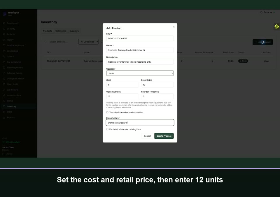 Recorded Create a product with opening stock workflow